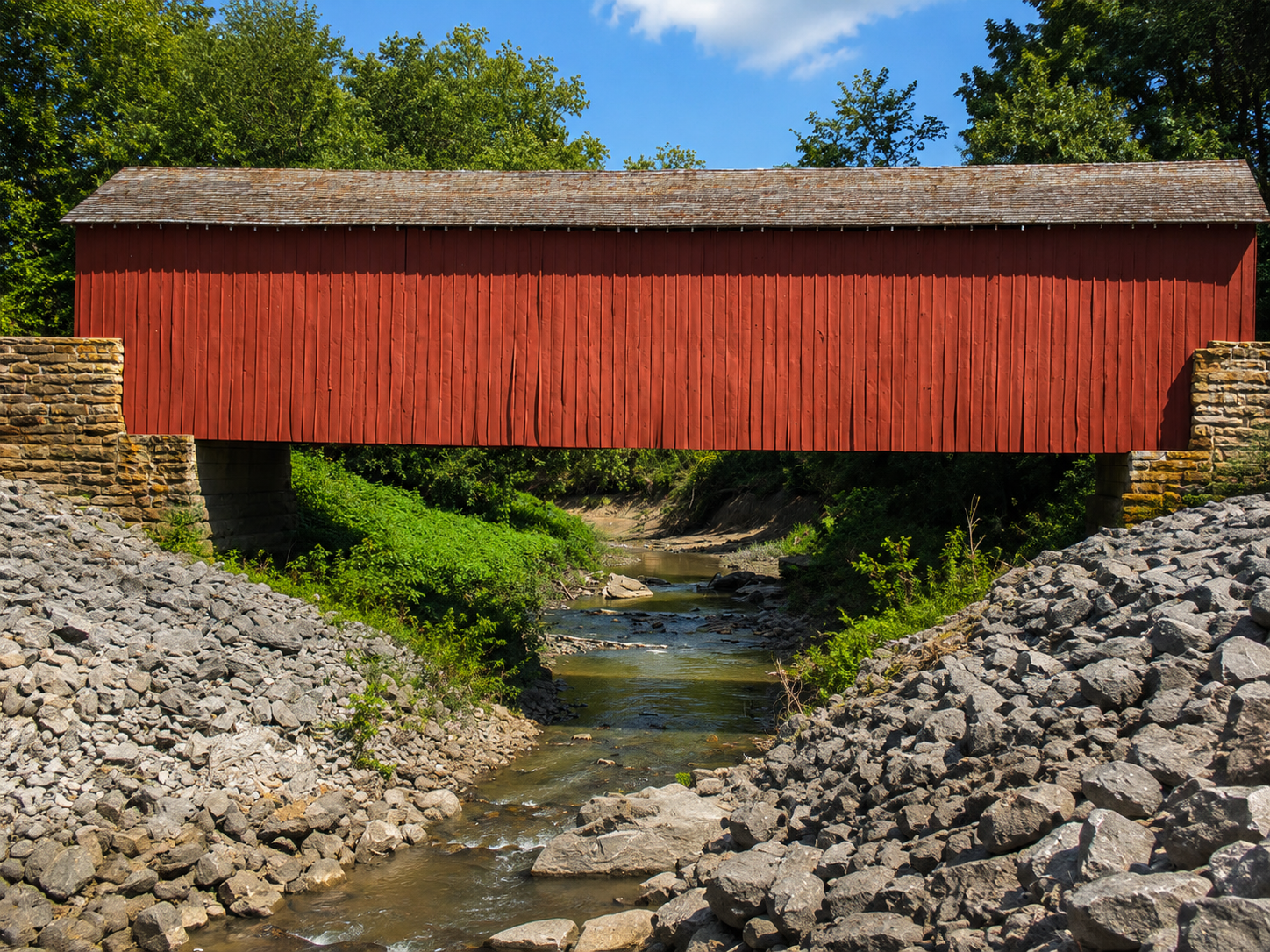 Red covered bridge spanning a shallow creek, with rocky banks guiding the eye toward the water beneath the bridge.