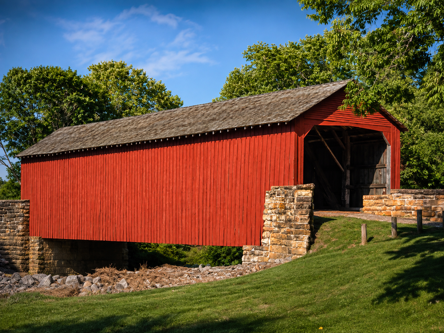 Three-quarter view of Mary’s River Covered Bridge showing the long red wooden structure, stone supports and dark entrance.