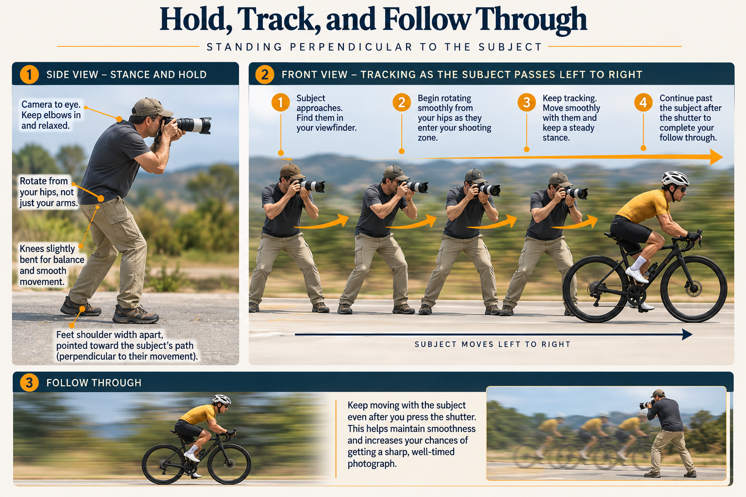 Instructional graphic showing a photographer standing perpendicular to a cyclist’s path, using a stable stance, rotating from the hips, tracking the rider left to right, and following through after pressing the shutter.