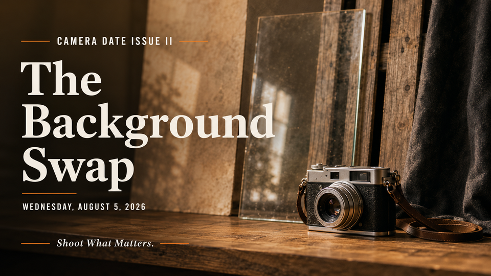 Camera Date Issue II cover showing a vintage camera on a wooden table beside glass, weathered wood, and dark fabric, with the title “The Background Swap.”