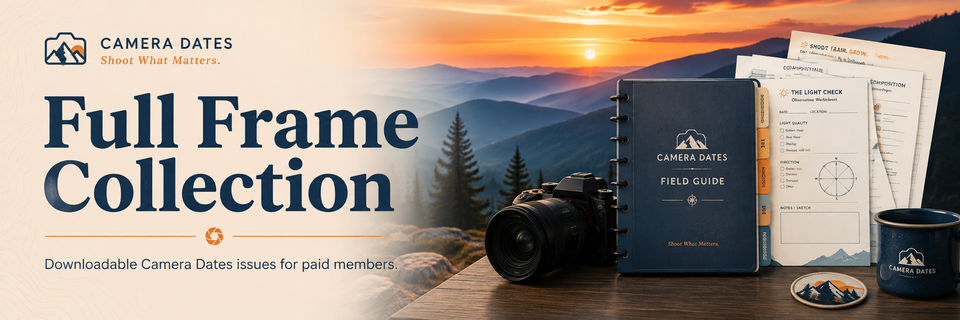 Camera Dates Full Frame Collection banner featuring a mountain sunset, camera, field guide binder, printable worksheets, and photography resources.