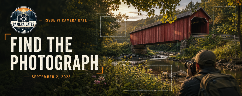 Photographer working beside a covered bridge and creek for Camera Dates Issue VI Camera Date, Find the Photograph.