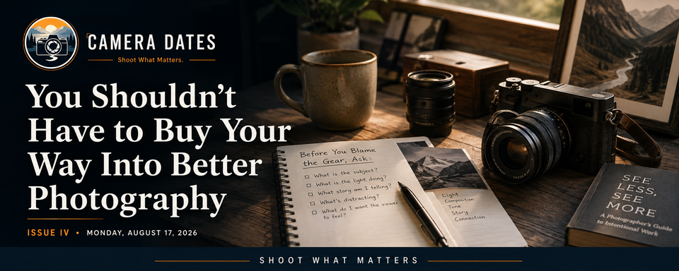 Camera Dates Issue IV hero image for “You Shouldn’t Have to Buy Your Way Into Better Photography,” focused on learning, diagnosing photographic problems, and understanding when gear is truly 