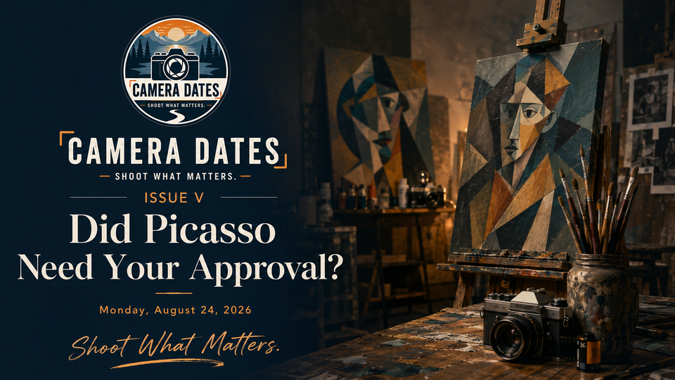Camera Dates Issue V hero image for “Did Picasso Need Your Approval?” featuring a moody artist’s studio with cubist-style paintings, brushes, and a camera, emphasizing creativity, critique, a
