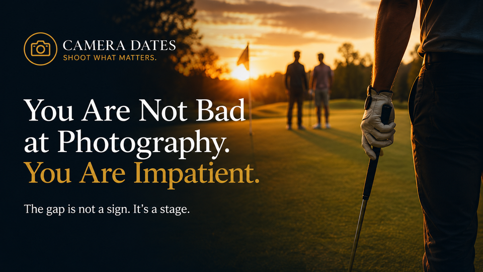 Camera Dates hero image showing golfers on a course at golden hour with the title “You Are Not Bad at Photography. You Are Impatient.” and the message “The gap is not a sign. It’s a stage.”