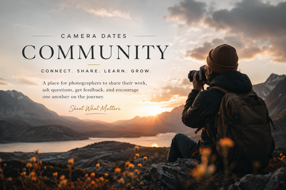 Photographer overlooking a mountain lake at sunset with Camera Dates Community text encouraging photographers to connect, share, learn, and grow.