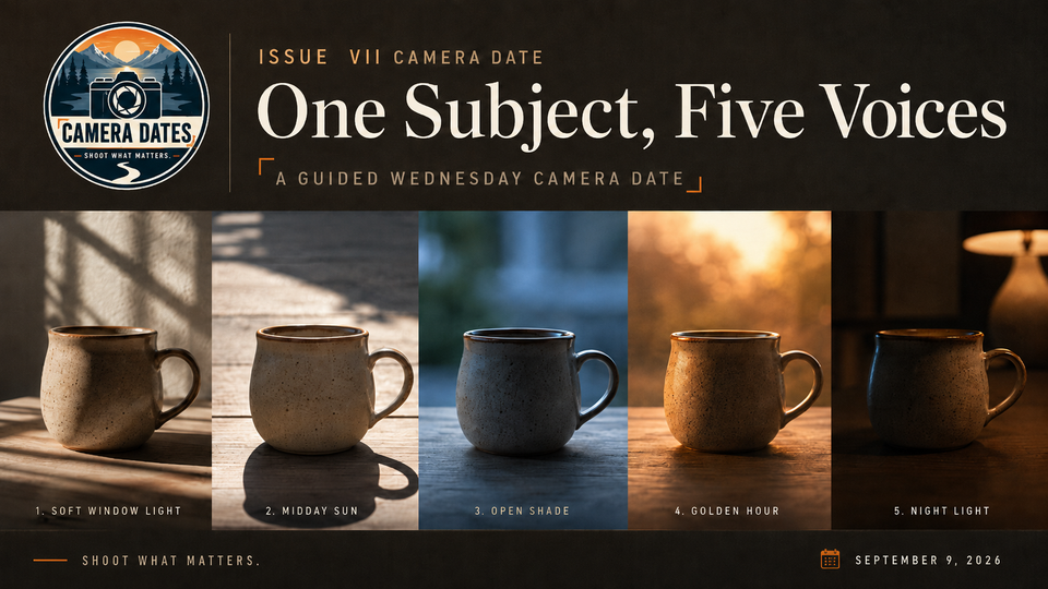 Camera Dates Issue VII Camera Date hero image for “One Subject, Five Voices,” showing one subject photographed under five different lighting styles.