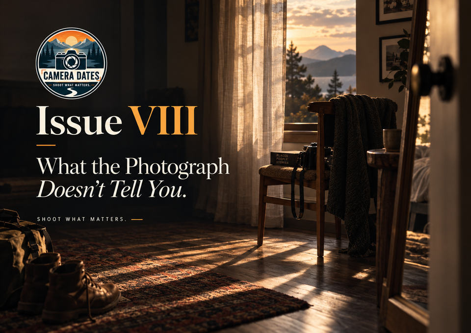 Camera Dates Issue VIII hero for “What the Photograph Doesn't Tell You,” showing a quiet room with warm window light and a camera.
