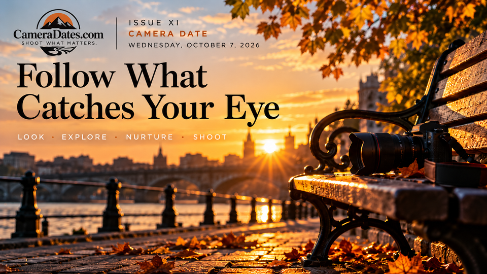 Camera resting on a sunlit riverside bench at golden hour for the Camera Date Follow What Catches Your Eye.